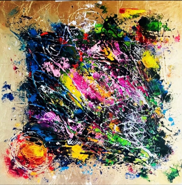 feuille d'or , huile , acrylique , encre , résine , pigments